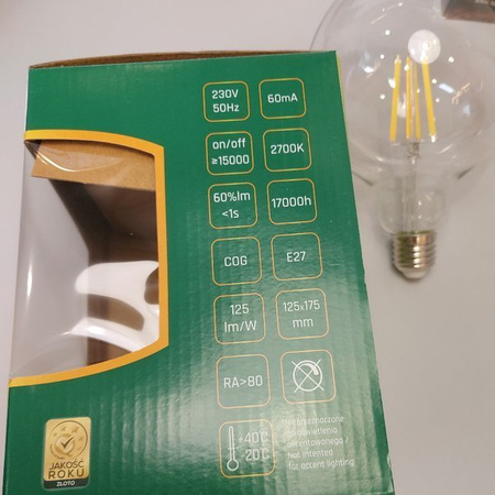 Filament LED GLOB G125 E27 230V 8W COG clear barwa ciepła 2700K