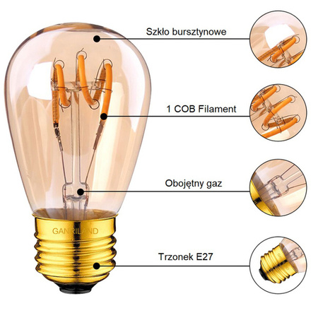 Żarówka amber LED E27 ST14 0,5W filament SPIRALA VINTAGE | barwa ciepła