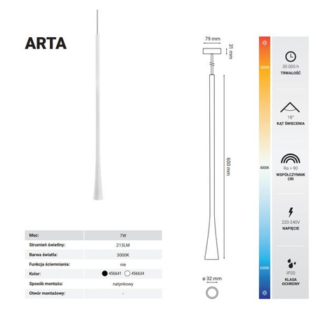 Lampa wisząca nowoczesna sopel ARTA 7W ciepła 3000K biały śr. 3,2cm