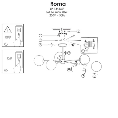 Lampa wisząca Roma 5, złota z białymi kloszami, 5x40W E14