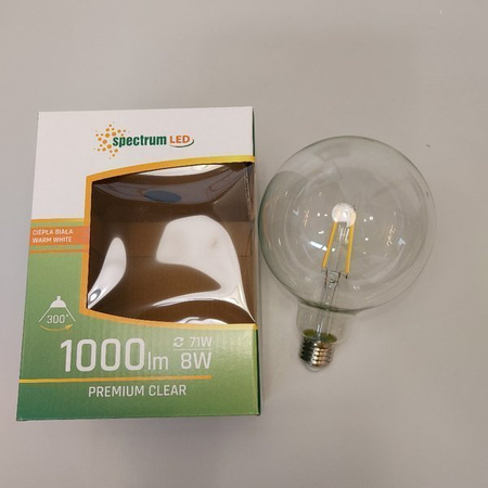 Filament LED GLOB G125 E27 230V 8W COG clear barwa ciepła 2700K