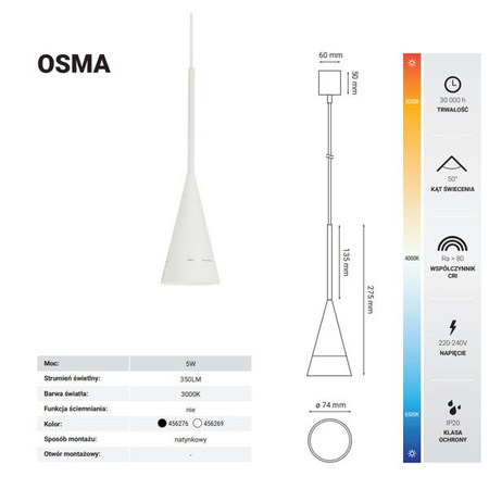 Lampa wisząca nowoczesna OSMA 5W ciepła 3000K biały śr. 7,4cm
