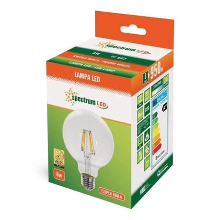 Filament LED GLOB G125 E27 230V 8W COG clear barwa ciepła 2700K