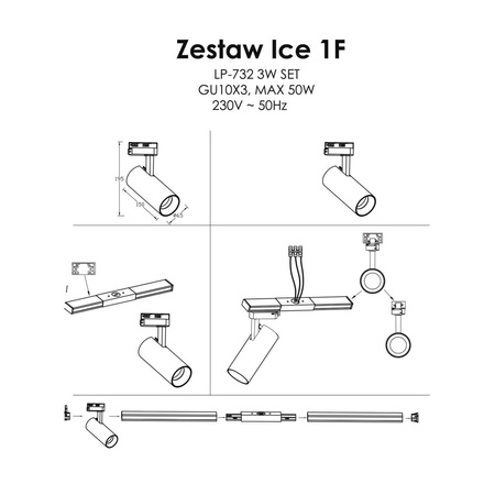 Zestaw szynoprzewodu jednofazowego ICE SET, czarny, 3x50W GU10