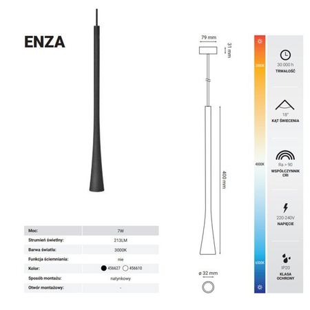 Lampa wisząca nowoczesna sopel ENZA 7W ciepła 3000K czarny śr. 3,2cm