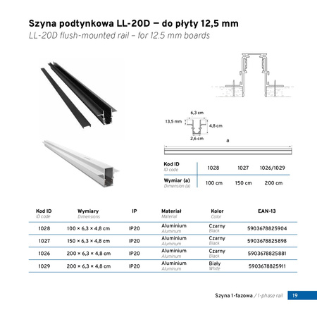 Szyna podtynkowa LED DOMENO niskonapięciowa LL-20D 100cm | czarna