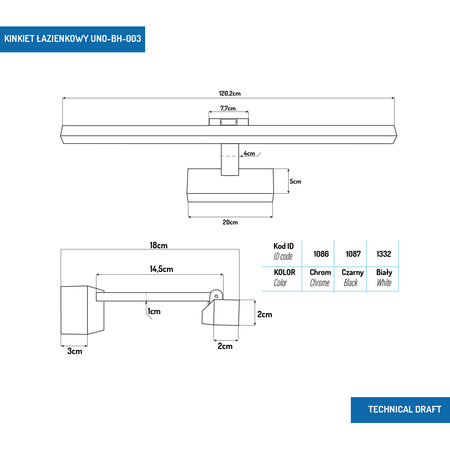 Kinkiet LED łazienkowy120cm 22W chrom 4000K UNO-BH-003 IP44