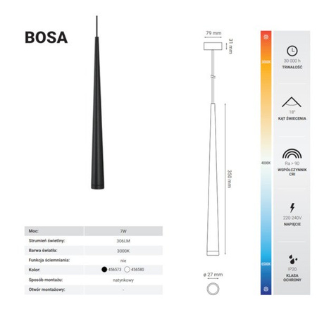 Lampa wisząca nowoczesna sopel BOSA 7W ciepła 3000K czarny śr. 2,7cm
