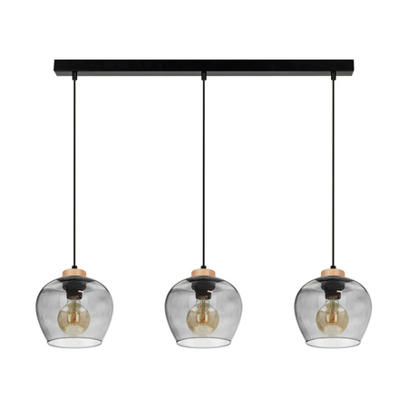 Lampa Wisząca Praia 3xE27 Maks. 60W Dąb Olejowany/Czarny Metal/Czarny Kabel PCV/Szkło Dymne 5500060